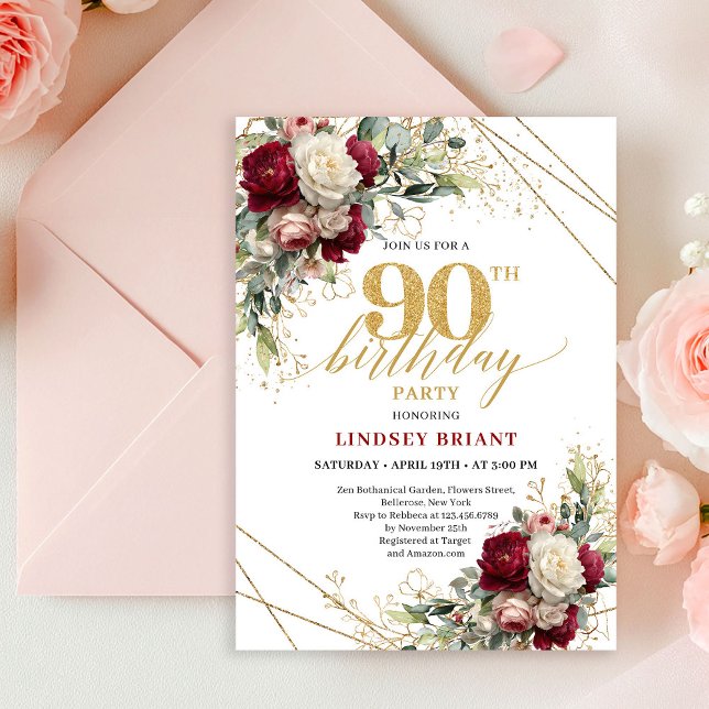 Invitation Stylish Marsala Gold Roses 90th Birthday Invitatio (Stylish Marsala Gold Roses 90th Birthday Invitation

)