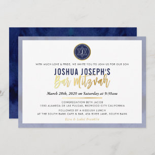 Invitation STYLISH MONOGRAM BAR MITZVAH navy en or bleu scrip