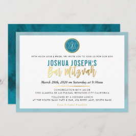 Invitation STYLISH MONOGRAM BAR MITZVAH turquoise en or bleu