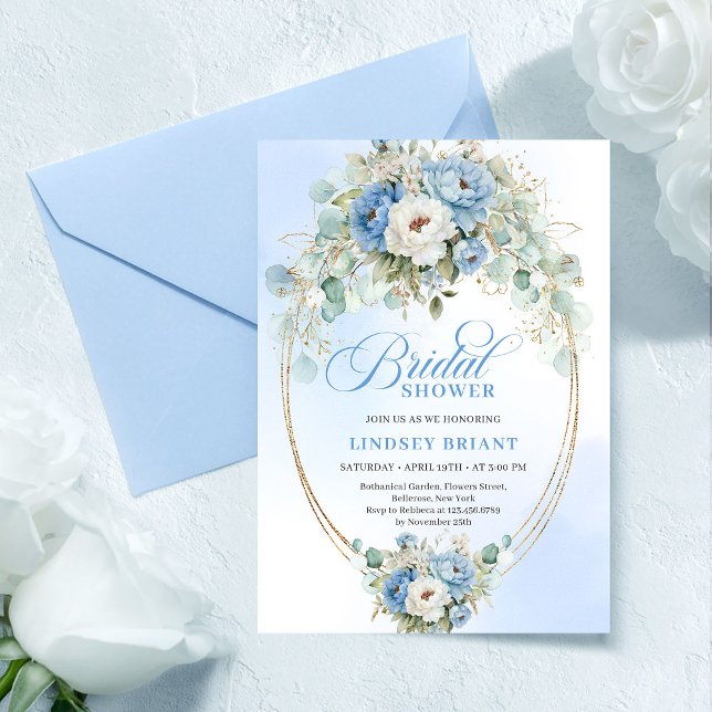 Invitation Stylish Pastel Blue Peony Gold Bridal Shower Card (Stylish Pastel Blue Peony Gold Bridal Shower Card

)