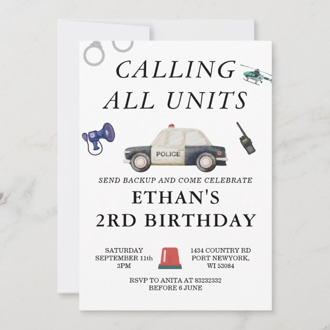 Invitation Stylish Police Kids Birthday (Devant)