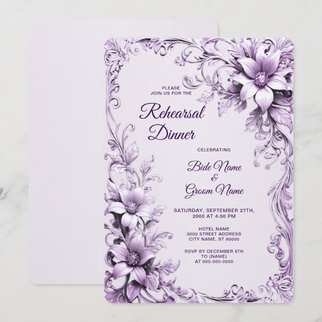 Invitation Stylish Purple Flowers Rehearsal Dinner (Devant / Derrière)