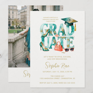 Invitation Stylish Teal Gold Glitter Watercolor Graduate