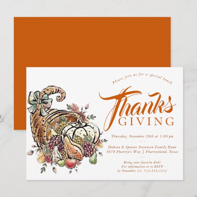 Invitation Sublimation de Cornucopie | Orange Thanksgiving (Devant / Derrière)