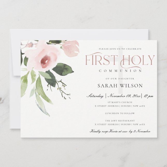 INVITATION SUBTÔT BLUSH ROSE FLORE PREMIER SAINT COMMUNION (Devant)
