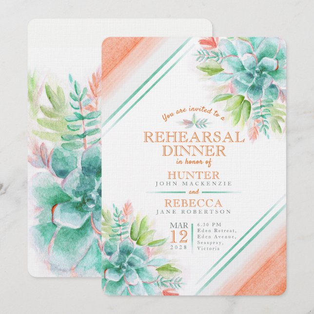 Invitation Succulent aquarelle vert orangé dîner de répétitio (Devant / Derrière)