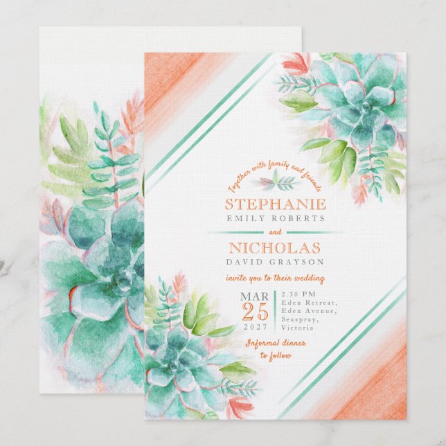 Invitation Succulent aquarelle vert orange mariage invite (Devant / Derrière)