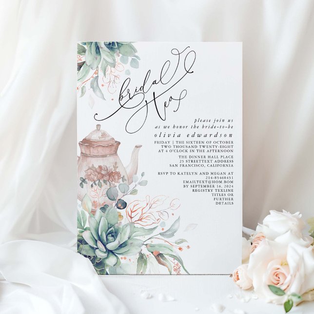 Invitation Succulent Elegant Fête des mariées Tea Party (Bridal Tea Rose Gold Greenery and Succulents Bridal Shower Invitation)