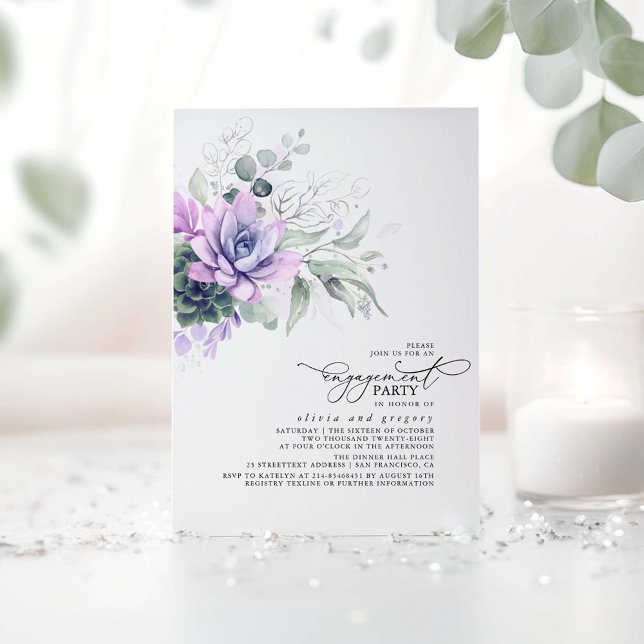 Invitation Succulent Verdure Argent Feuille (Silver and Purple Engagement Party Invitations featuring Watercolor Succulents Greenery)