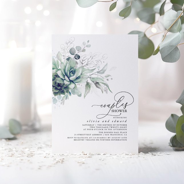 Invitation Succulent verdure Argent Feuille Couples Douche (Silver Succulents Greenery Couples Shower Invitations)