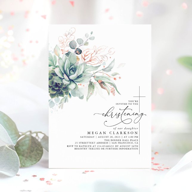 Invitation Succulent Verdure Feuilles Élégant Christening (Christening Invitation with Greenery for Girl)