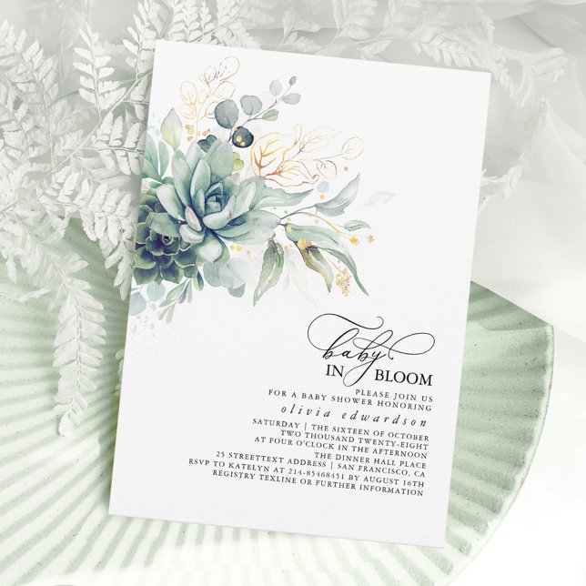 Invitation Succulent verdure Or Feuilles Baby shower Boho  (Baby In Bloom Greenery Baby Shower Invitations)
