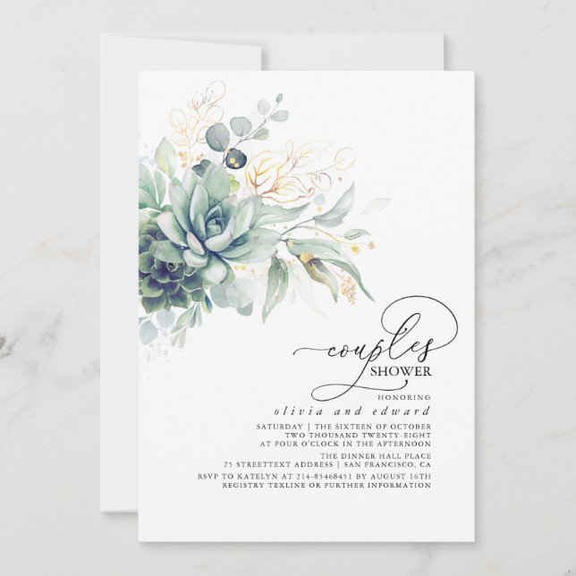 Invitation Succulent Verdure Or Feuilles Boho Couples Douche (Devant)
