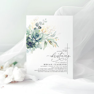 Invitation Succulent Verdure Or Feuilles Élégant Christening