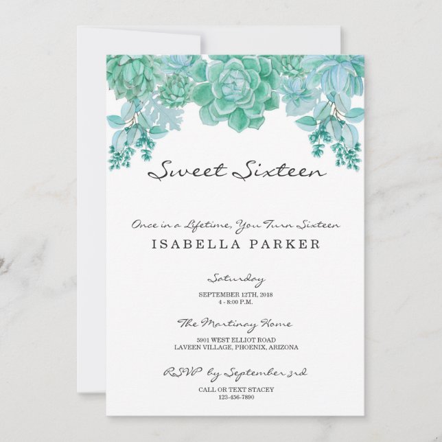 Invitation succulente de partie de sweet sixteen (Devant)