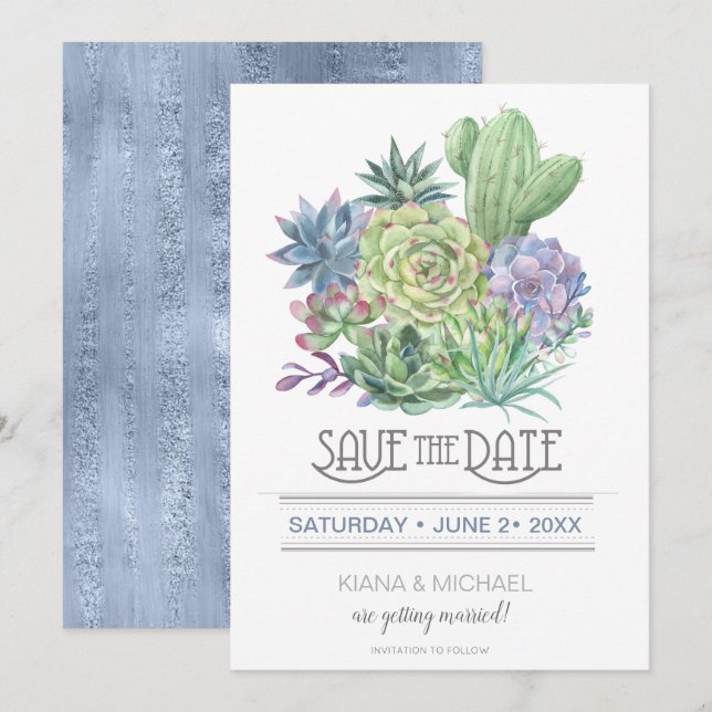 Invitation Succulentes et Étincelles Enregistrer la Date Bleu (Devant / Derrière)