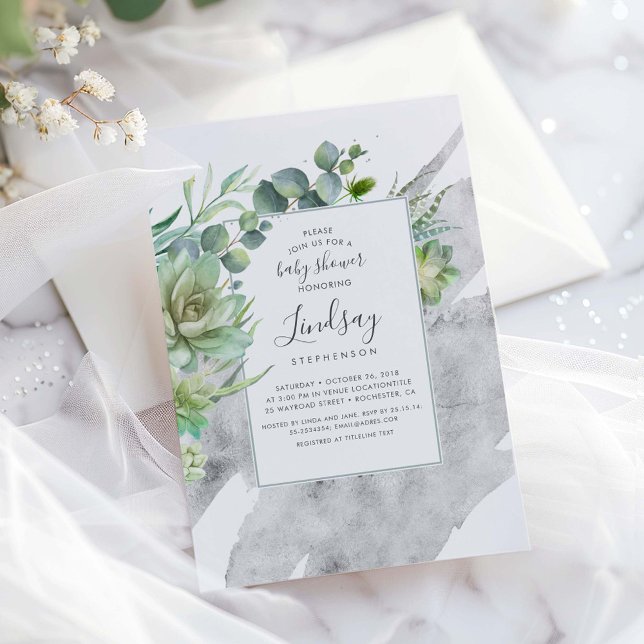 Invitation Succulents Baby shower à huile d'argent (Silver Greenery Baby Shower Invitation)