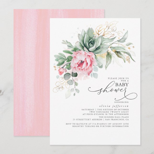 Invitation Succulents Baby shower verdure et fleurs roses (Devant / Derrière)