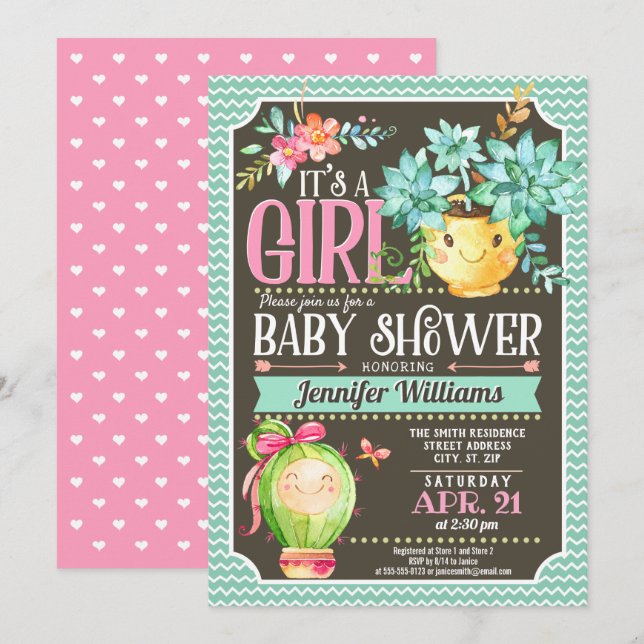 Invitation Succulents, Cactus Girl Garden Baby shower (Devant / Derrière)