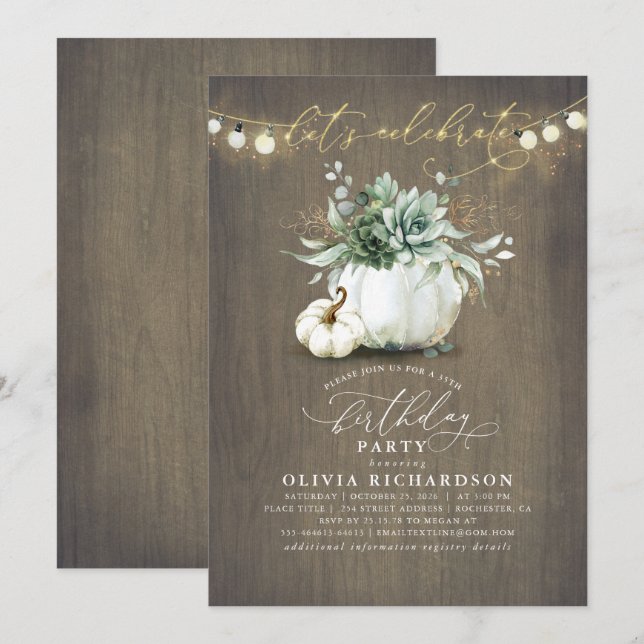 Invitation Succulents et Citrouilles tombent Anniversaire rus (Devant / Derrière)