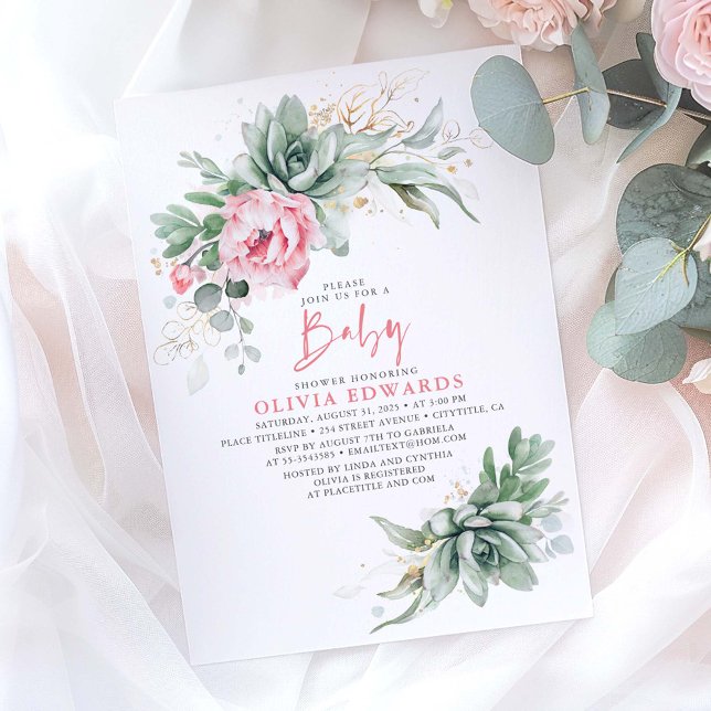 Invitation Succulents et Fleurs roses Fille Baby shower Invit (Pink Flowers and Succulents Baby Shower Invitations)