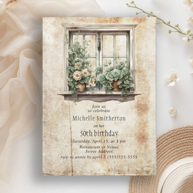 Invitation Succulents Fenêtre Jardin 50e fête d'anniversaire (Rustic succulent window garden birthday party invitation)