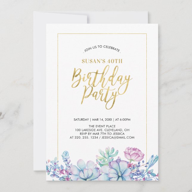 Invitation Succulents Fleur & Or Adulte 50e fête d'anniversai (Devant)