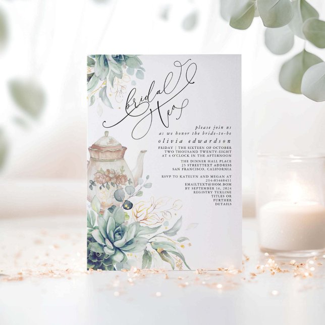 Invitation Succulents Gold Green Fête des mariées Tea Party (Succulents Greenery Bridal Tea Party Invitations)