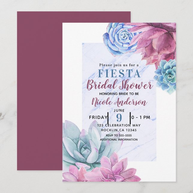 Invitation Succulents Moderne Chic Fête des mariées en marbre (Devant / Derrière)