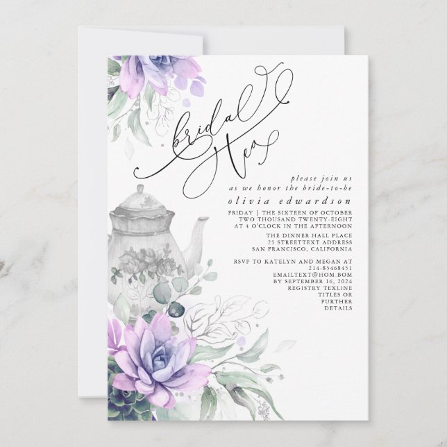 Invitation Succulents Silver Greenery Fête des mariées Tea Pa (Devant)