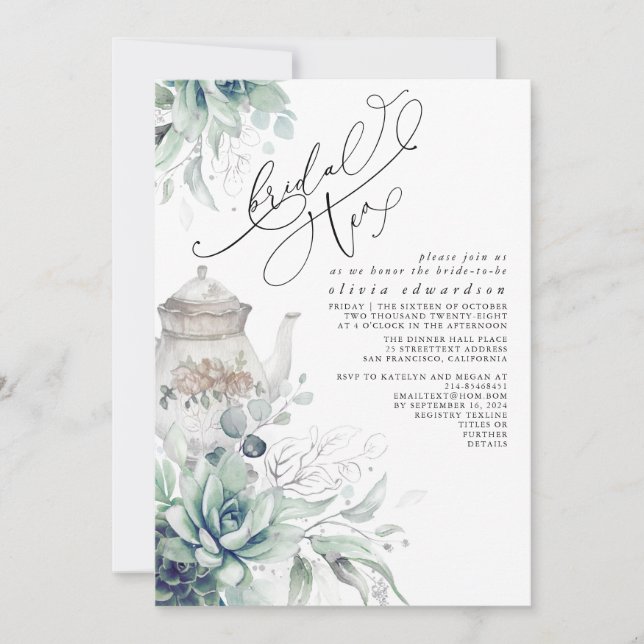 Invitation Succulents Silver Greenery Fête des mariées Tea Pa (Devant)