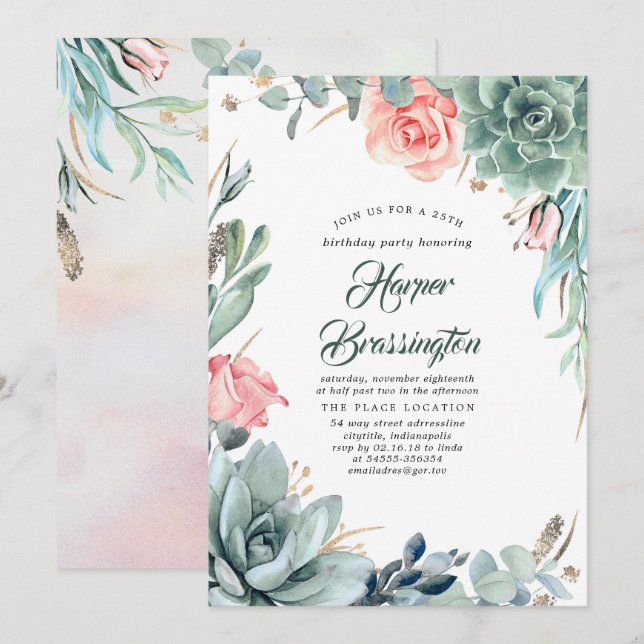 Invitation Succulents Végétation et Rose fête d'anniversaire (Devant / Derrière)