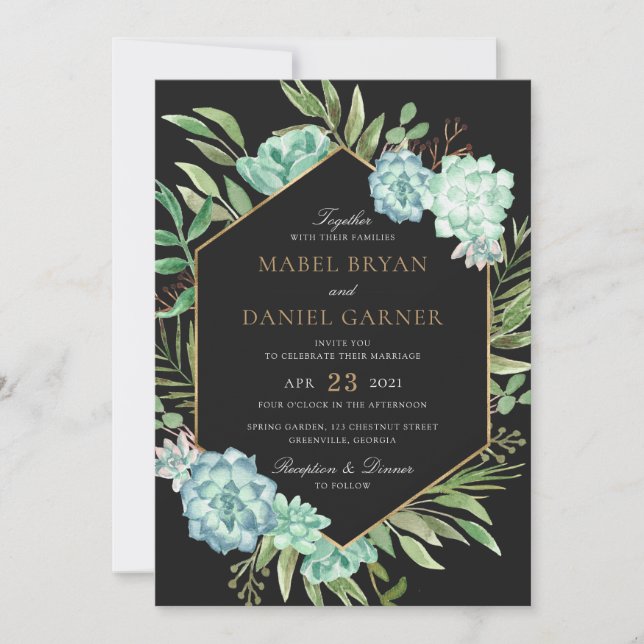Invitation Succulents Verdure Géométrique Mariage de cadre Or (Devant)