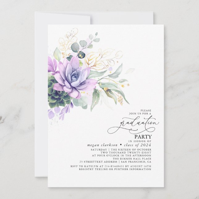 Invitation Succulents Verdure Or Feuilles Boho Graduation En (Devant)