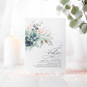 Invitation Succulents Verdure Rose Or Feuilles Baptême
