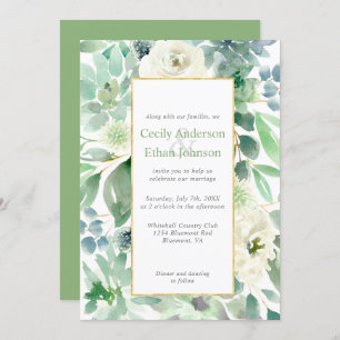 Invitation Succulents vert pâle et fleurs blanches Mariage or