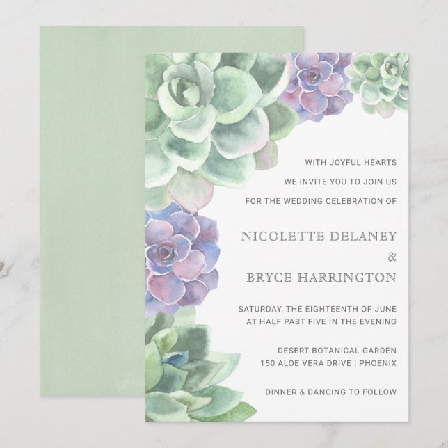 Invitation Succulents verts et pourpres Mariage moderne (Devant / Derrière)