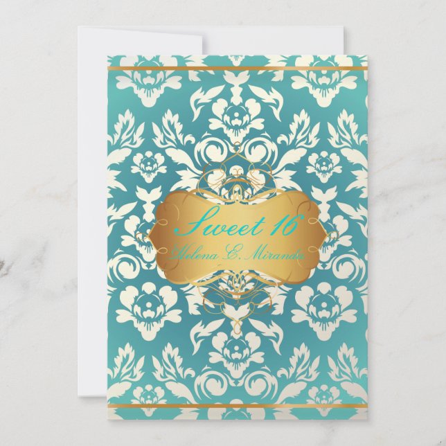Invitation Sucré 16/ princesse/poire damassé/turquoise (Devant)