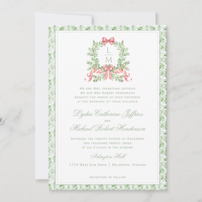 Invitation Sucre de canne de couronne de Noël Bow | Mariage d (Devant)
