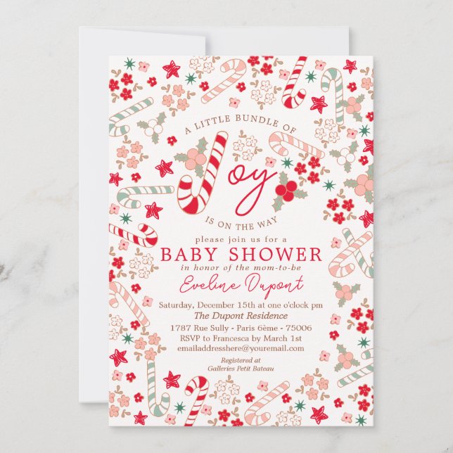 Invitation Sucre de canne Floral Baby shower de Noël (Devant)