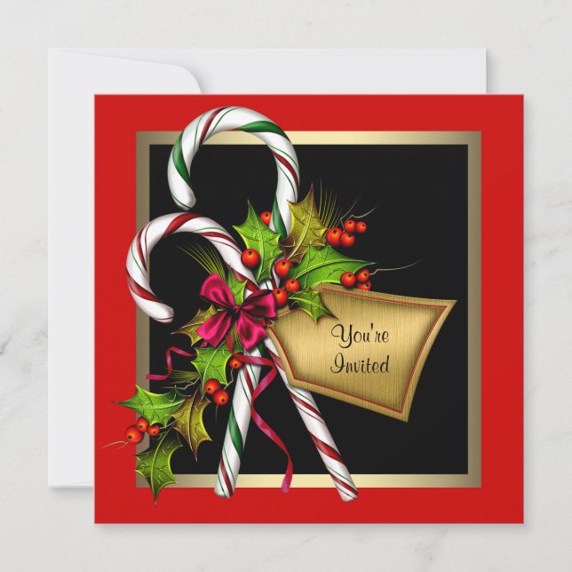Invitation Sucre de canne Holly Red Christmas Party (Devant)