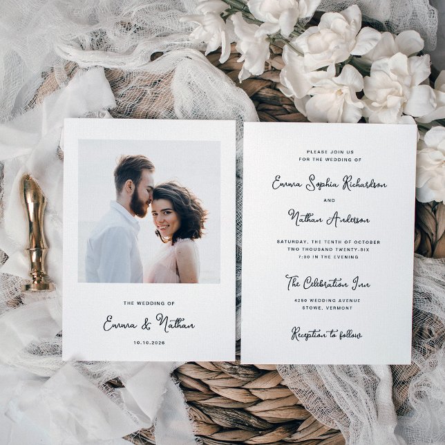Invitation Sucré et capricieux | Mariage photo simple (A stylish and elegant wedding photo invitation with whimsical script in black and white)