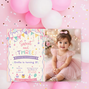 Invitation Sucré et trois friandises pastel 3ème anniversaire