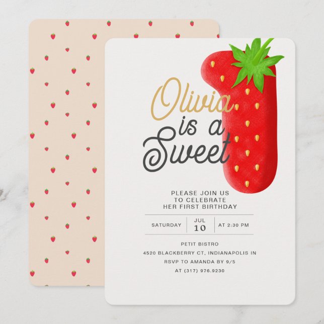 Invitation Sucre fraise un premier anniversaire (Devant / Derrière)