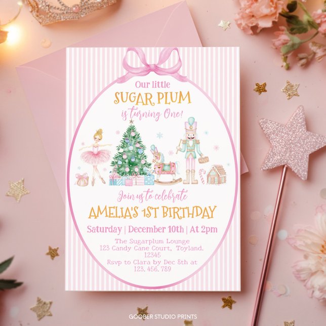 Invitation Sucre Prune Noël Casse-Noisette Ruban Rose Anniver (Créateur téléchargé)