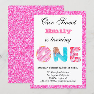 Invitation Sucreries Rose Chaud Paillettes Premier Anniversai