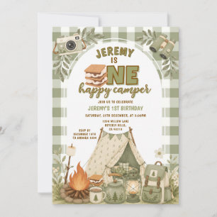 Invitation Sucreries Vertes Camping Garçon Campée Fête Vichy