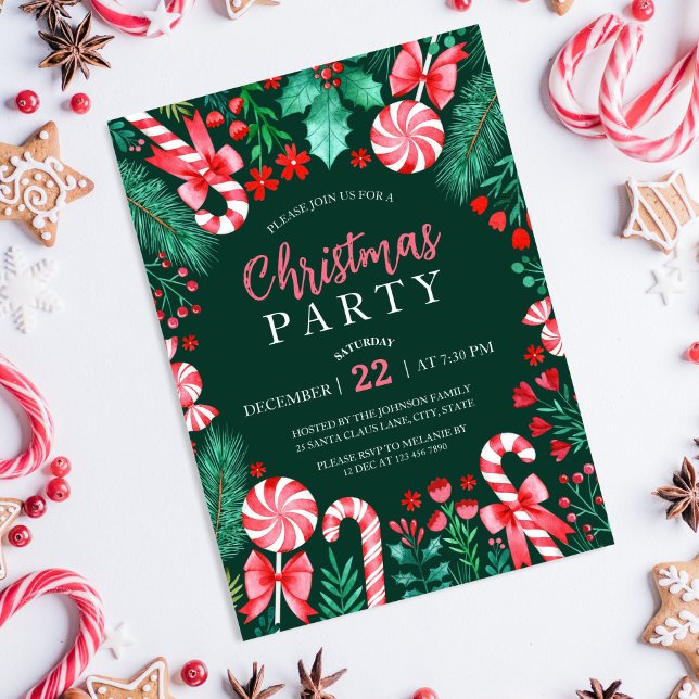 Invitation Sucres de canne d'aquarelle Peppermenthe fête de N (Watercolor Peppermint Candy Canes Christmas Party Invitation)