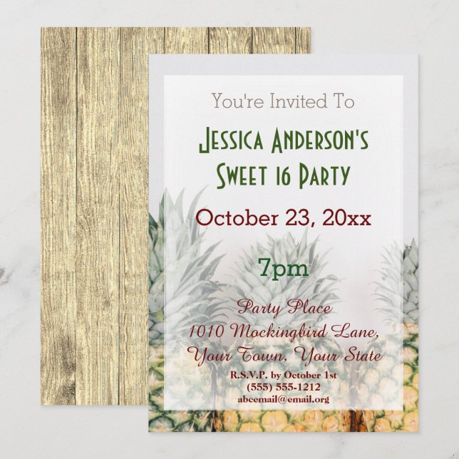 Invitation Summer Beach Ananas Tropical Sweet 16 Anniversaire (Devant / Derrière)