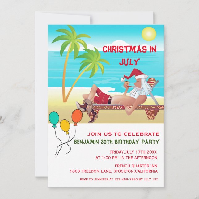 Invitation Summer Beach Anniversaire Fête Noël En Juillet (Devant)